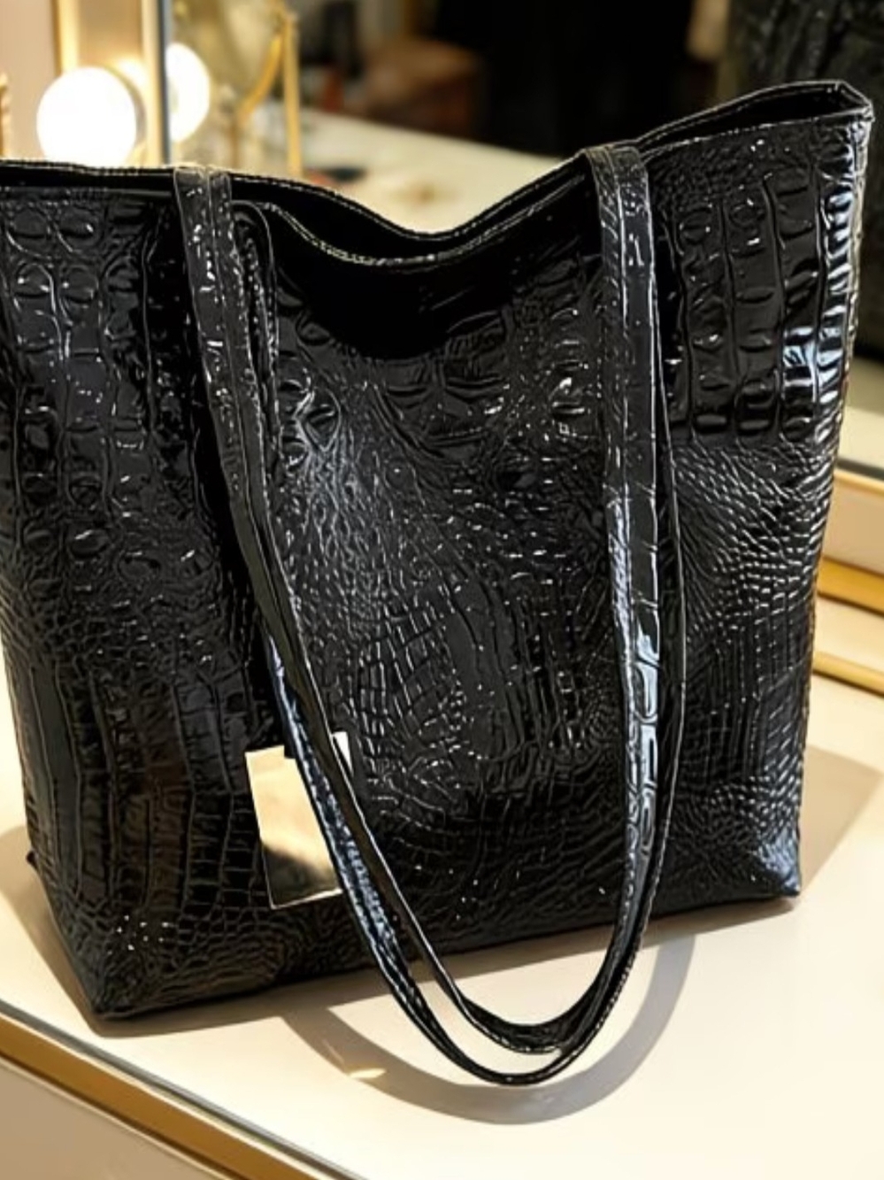 Glossy Black Croc-Embossed Tote